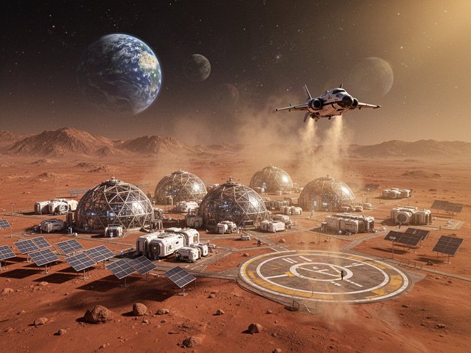 A sci-fi illustration of a Mars colony featuring geodesic domes, solar panels, and a spacecraft landing, with Earth and other planets visible in the starry sky above.