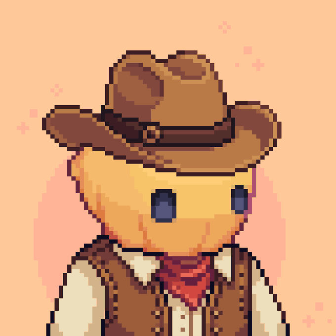 A pixel art illustration of a cute cowboy character with flowing pink hair, wearing a brown hat and vest with a red bandana, set against a peach-colored background.