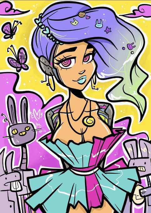 A digital illustration of a stylized character with purple and teal hair, pink eyes, and a teal dress, accompanied by a small purple rabbit-like creature against a yellow background.