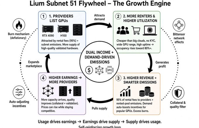 An infographic diagram titled 'Lium Subnet 51 Flywheel – The Growth Engine' illustrating a four-step self-reinforcing cycle involving GPU providers, renters, revenue, and higher earnings.