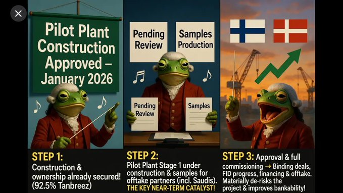 A three-step infographic featuring an anthropomorphic frog in 18th-century attire, detailing a 'Pilot Plant Construction Approved' project with steps covering construction, pending review/samples, and final approval with Finland and Denmark flags.