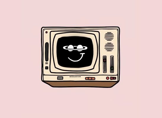 A simple cartoon illustration of a retro television set with a smiling face on its dark screen, set against a pale pink background.
