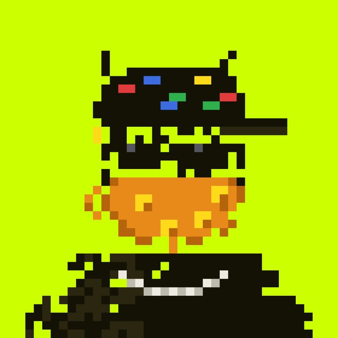 A pixel art figure with a black head featuring colorful dots stands on a large orange coin above a dark shadowy character, all set against a neon green background. The artwork ties into the "gm nfts Happy weekend" post by playfully illustrating a cheerful crypto-themed character as a weekend greeting to the NFT community.