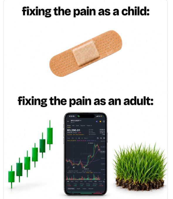 A meme comparing 'fixing the pain as a child' (shown with a band-aid) versus 'fixing the pain as an adult' (shown with a Bitcoin chart showing BTCUSD at 83,290.01, green candlesticks, and growing grass).