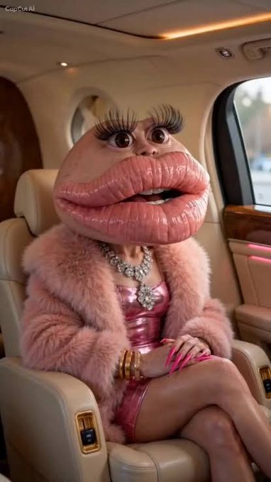 An AI-generated image depicts a surreal character with exaggerated, enormous pink lips and large eyes sitting in the back of a luxurious car, dressed in a pink fur coat, sparkly pink dress, and diamond jewelry, with the text 'Syp. CM AI' visible in the top corner.