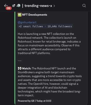 A dark-themed mobile app screenshot displays a post in the #trending-news-x channel discussing NFT developments, featuring a tweet from @gmhunterart (10,646 followers) about launching a new NFT collection on the Robinhood network and highlighting that the launch coincides with a StonkBrokers engine targeting mainstream audiences and accessible crypto assets. The post provides alpha on the @gmhunterart project (supply, mint price, and mint date all TBA), referencing the @internet_monkes collection and noting potential whitelist rumors due to increased buying activity.