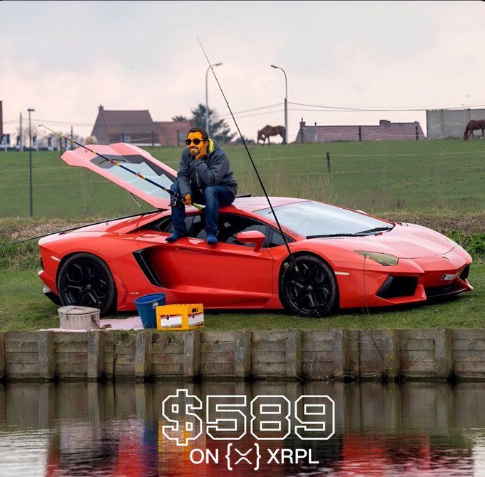 A man in sunglasses fishing from the open sunroof of a red Lamborghini parked by water, with text reading '$589 ON (X) XRPL'.