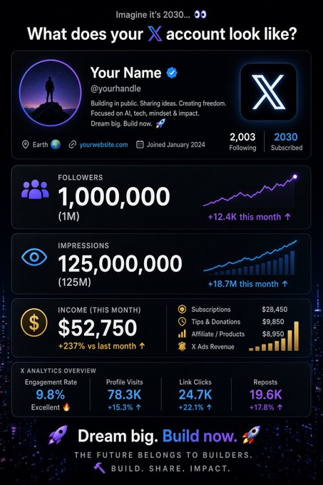 The image is a futuristic X (formerly Twitter) account profile mockup set in 2030, featuring "Your Name (@yourhandle)" with a verified checkmark, a bio about building in public, and a profile picture of a silhouetted figure on a hill at sunset. Key stats include 2,003 following, 2030 subscribed, 1,000,000 (1M) followers (+12.4K this month), 125,000,000 (125M) impressions (+18.7M this month), and $52,750 monthly income (+237% vs last month), broken down into subscriptions ($28,450), tips & donations ($9,850), and affiliate/products ($14,950), alongside an analytics overview showing a 9.8% engagement rate, 78.3K profile visits, 24.7K link clicks, and 19.6K reposts. The graphic ties directly to the accompanying post's motivational message by visualizing the