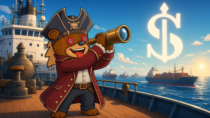 A cartoon bear dressed as a pirate captain with a tricorne hat and spyglass stands on a ship's deck, with a large stylized 'S' logo floating above cargo ships on the horizon.