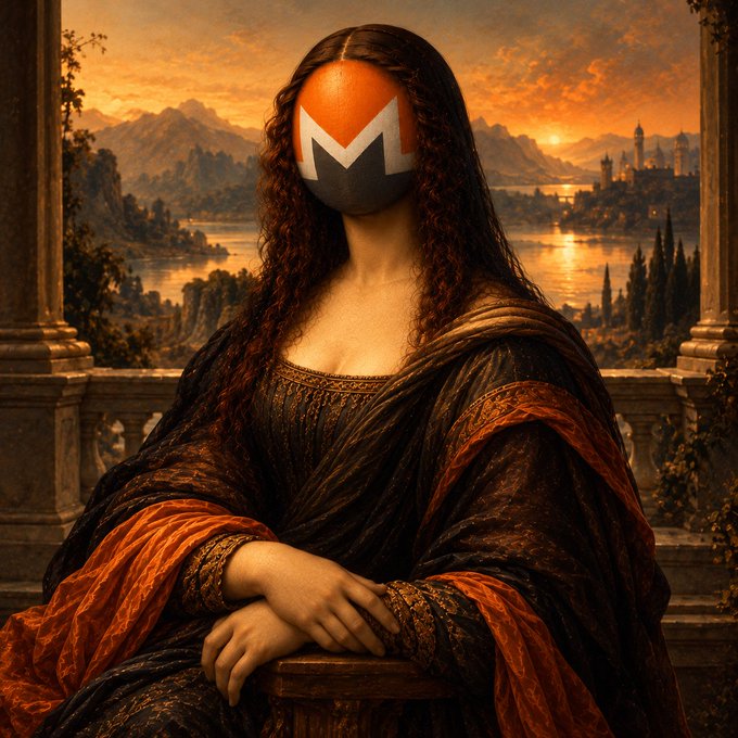 A Renaissance-style portrait of a seated woman with long dark curly hair, layered black and red robes, and her face covered by a round orange-and-black mask marked with a bold white zigzag.