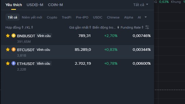 A cryptocurrency exchange interface in Vietnamese displays favorites BNBUSDT at 789.31 (+2.70%), BTCUSDT at 85,289.0 (+0.83%), and ETHUSDT at 2,702.19 (+0.78%).