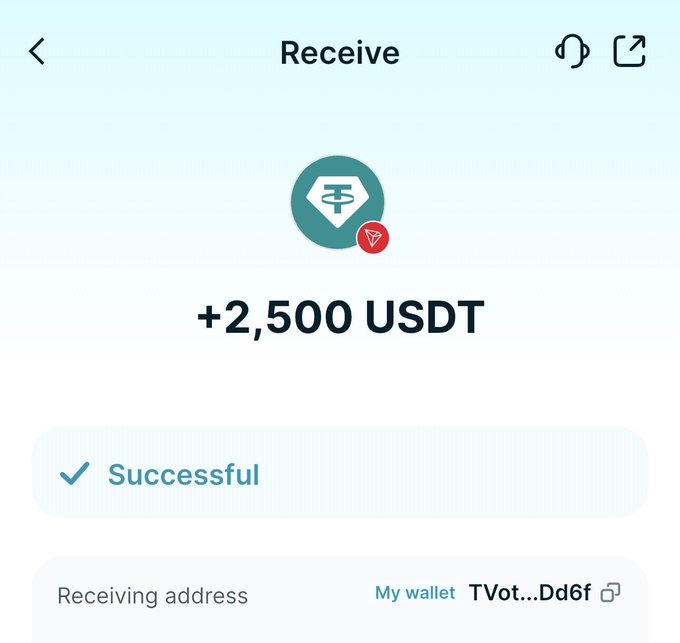 A screenshot of a cryptocurrency wallet app showing a successful transaction to receive '+2,500 USDT' with the Tether (USDT) logo.