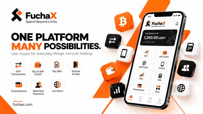 A promotional image for 'FuchaX' (Spend Beyond Limits) advertising 'ONE PLATFORM MANY POSSIBILITIES' for using crypto, with an image of the mobile app interface showing a balance of 1,250.00 USDT.