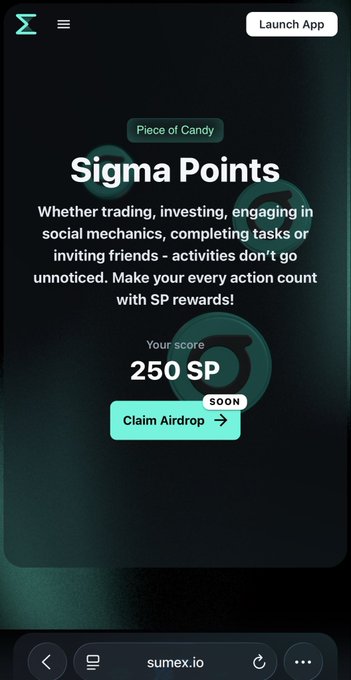 A mobile screen capture from sumex.io showing a 'Sigma Points' reward page with the subtitle 'Piece of Candy', displaying a score of 250 SP and a 'Claim Airdrop' button.