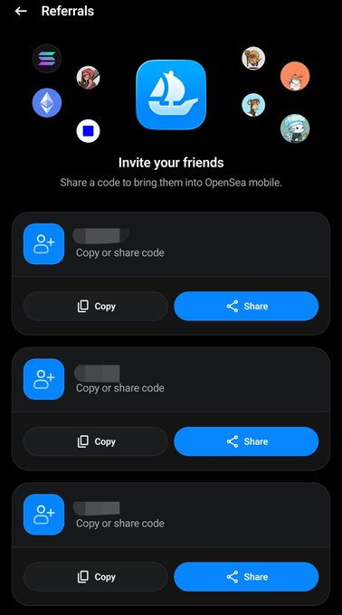 A mobile app screen titled 'Referrals' for OpenSea, showing an 'Invite your friends' header with the OpenSea sailboat logo and three referral codes, each with 'Copy' and 'Share' buttons.