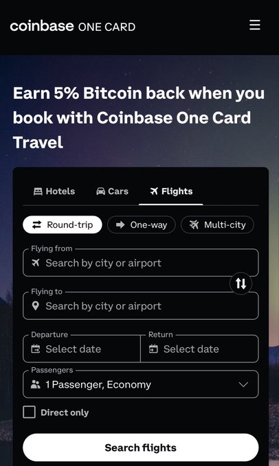 A mobile screenshot of the Coinbase One Card app's travel booking interface, promoting '5% Bitcoin back' rewards with options to book hotels, cars, and flights.