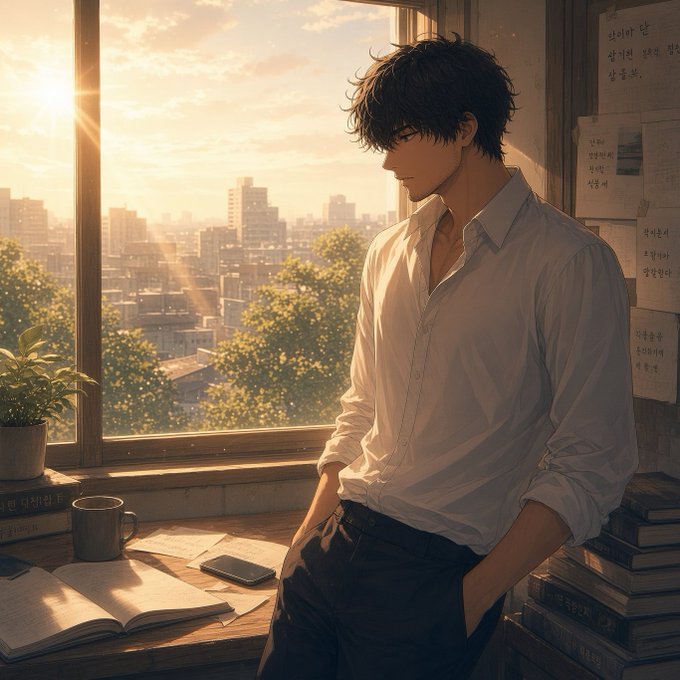 An anime-style illustration of a dark-haired young man in a white shirt looking down, standing by a window overlooking a cityscape at sunset, with books and a mug on the desk.