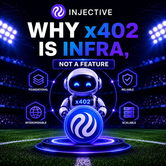 We need to write a concise 1-2 sentence caption describing what is in the image, including key text, numbers, tickers, names visible. Also note how the image relates to the accompanying post. So we need to mention the main text "WHY x402 IS INFRA, NOT A FEATURE", the robot with x402, the surrounding icons (FOUNDATIONAL, RELIABLE, INTEROPERABLE, SCALABLE), the INJECTIVE logo, the stadium background. Also mention the post's context: x402 as more than a payment tool, enabling AI agents to pay autonomously, importance for INJ (Injective). So caption: "A futuristic robot labeled x402 stands on a glowing INJ token in a stadium, surrounded by icons proclaiming it as FOUNDATIONAL, RELIABLE, INTEROPERABLE, and SCALABLE, with the headline 'WHY x402