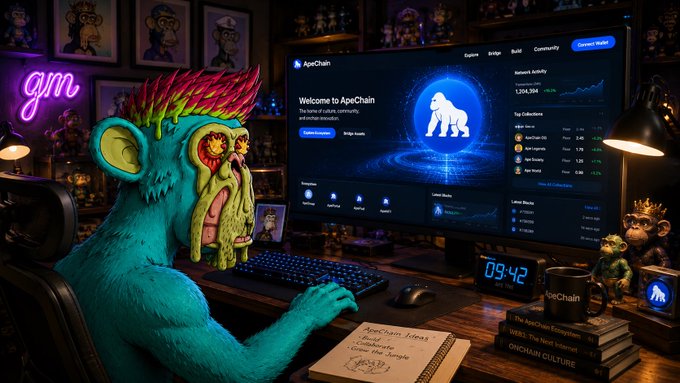 A colorful 3D-rendered scene shows a turquoise furry monkey-like creature at a desk using a computer displaying 'ApeChain' with 'ApeChain Activity' and 'Top Collectors' visible, surrounded by Bored Ape artwork and books titled 'ONCHAIN CULTURE'.
