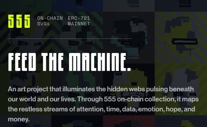 The image showcases the "Feed the Machine" artwork by Parasite, featuring 555 on-chain SVGs on ERC-721 mainnet, describing the collection as "An art project that illuminates the hidden webs pulsing beneath our world and our lives." This aligns with the post highlighting the 555-piece "Parasite" collection by @thehejz launching on Ethereum mainnet at a 0.04 ETH mint price.