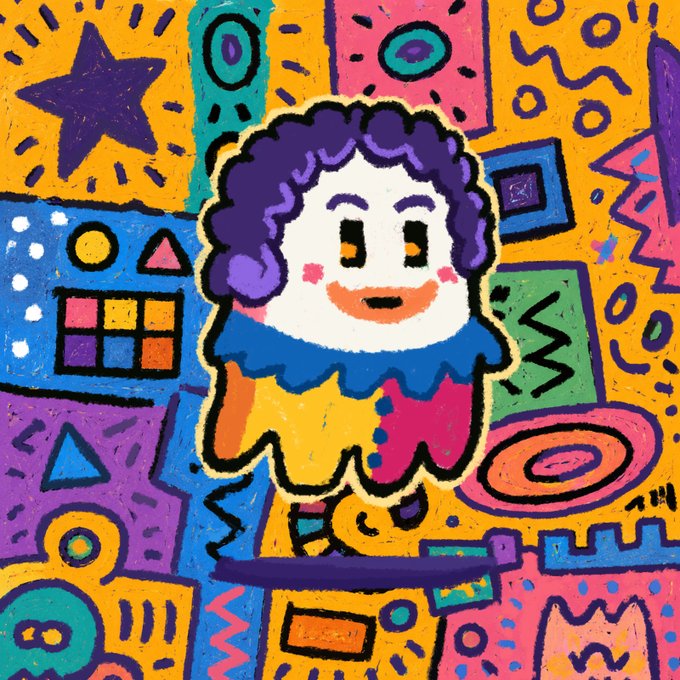 A colorful cartoon-style illustration of a character with curly purple hair wearing a clown-like ruffled collar, set against a busy background of geometric shapes and squiggles.