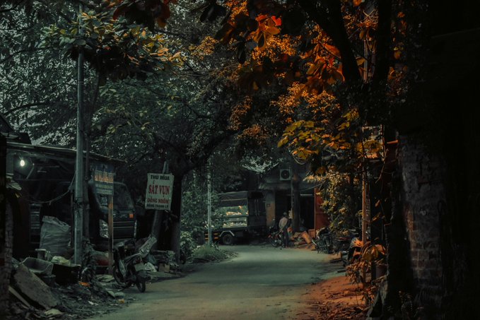 The image shows a street scene with trees lining both sides of the road, creating an atmosphere of tranquility. The street appears to be deserted at night, adding to the peaceful ambiance. In the background, there are two signs on poles that read "Good evening CT End of day and still locked in on two projects that keep delivering The AI layer @TheARCTERMINAL Arc Intelligence predicts what's next". This suggests that the image is taken during a time when people have finished their daily activities and are winding down for the night.