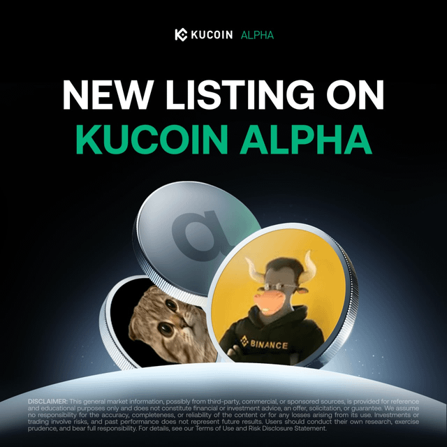 A KuCoin Alpha announcement promoting a 'NEW LISTING ON KUCOIN ALPHA,' featuring stylized coin graphics including one with a cat and another with a Binance-branded viking character, along with a risk disclaimer.