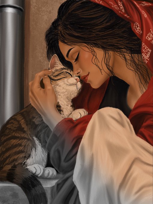 A digital illustration depicts a woman with dark hair wearing a red patterned headscarf, tenderly kissing a brown and white tabby cat on the nose.