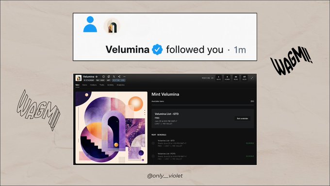 The image shows a poster or banner with an abstract graphic design, a social media logo, and some text at the bottom of the picture. There is also a small caption that reads "THIS IS A SIGN RIGHT? velumina @veluminaART - 250 NFTs - freemint - cool abstract geometric art on ETH i'm gonna make it nah?". The main focus is on the graphic design and the post on social media, which seems to be about an album or some artist.