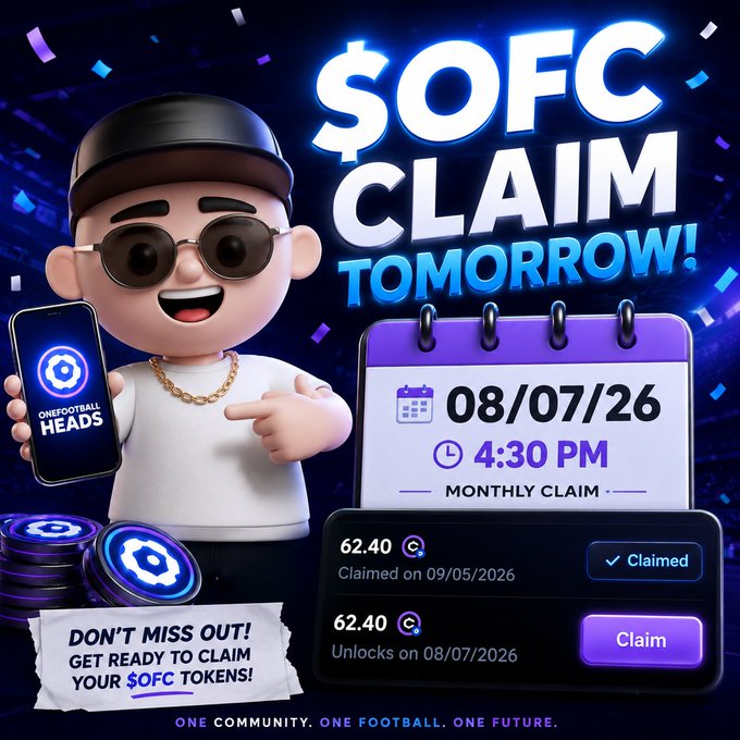 A promotional graphic featuring a cartoon mascot holding a phone displaying the "OneFootball Heads" logo, announcing the "$OFC CLAIM TOMORROW!" event scheduled for 08/07/26 at 4:30 PM, with a calendar showing a monthly claim of 62.40 OFC tokens (one already claimed on 09/05/2026, another unlocking tomorrow) under the tagline "One Community. One Football. One Future." The image directly supports the post by visually reinforcing the upcoming claim deadline and token amount.