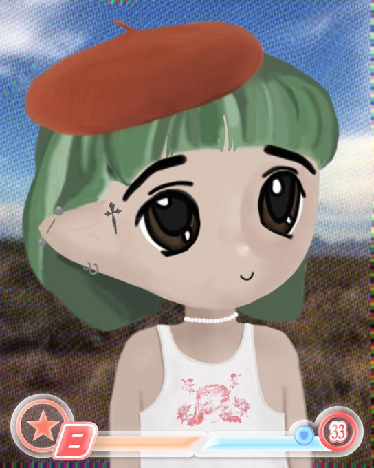 A stylized 3D animated avatar with green hair, a red beret, facial piercings, and a white tank top, displayed with a gaming UI showing 'B' and '33' icons.