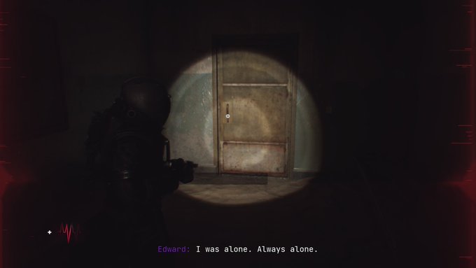 A dark first-person horror game screenshot showing a character in a hazmat suit with a flashlight illuminating a door, with subtitle text 'Edward: I was alone. Always alone.'