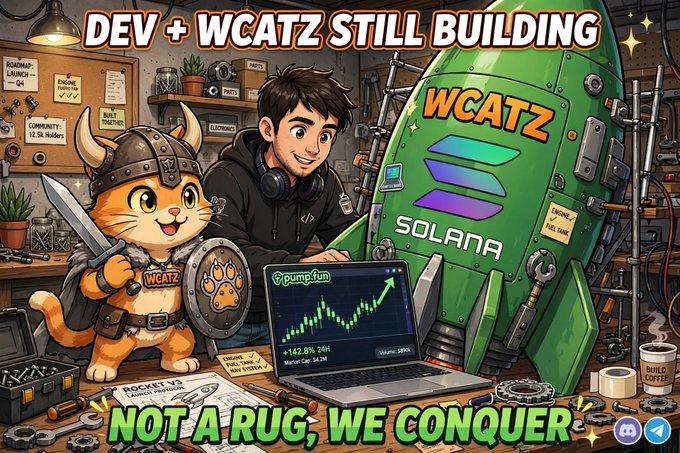 A cartoon promotional image featuring a developer and a cat warrior character alongside a green rocket labeled 'WCATZ SOLANA,' with text reading 'DEV + WCATZ STILL BUILDING' and 'NOT A RUG, WE CONQUER,' and a laptop showing a pump.fun chart with +142.8%, 24H.