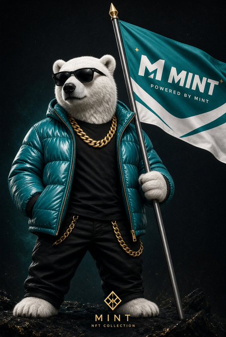 A polar bear wearing sunglasses, a teal puffer jacket, and gold chains holds a 'MINT' flag, branded 'MINT NFT COLLECTION'.