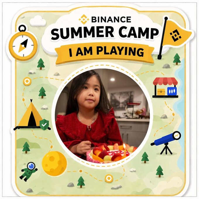 A 'BINANCE SUMMER CAMP - I AM PLAYING' badge featuring a central photo of a young girl in a red dress holding a fruit cake, surrounded by camp-themed illustrations.