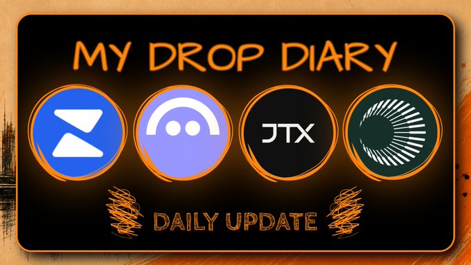 'MY DROP DIARY' graphic featuring four circular crypto logos (ZRO, an unnamed purple icon, JTX, and a circular emblem) with 'DAILY UPDATE' below.