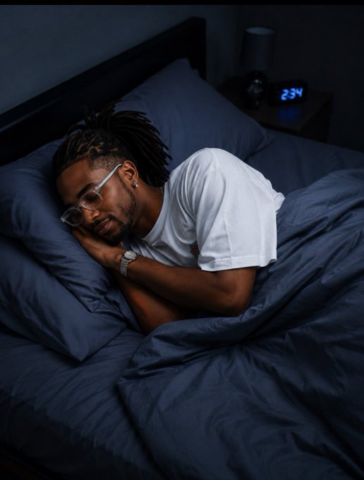 A young man with dreadlocks and glasses lies in bed at night with his eyes closed, wearing a white t-shirt, with a digital clock showing 2:34 on the nightstand beside him.
