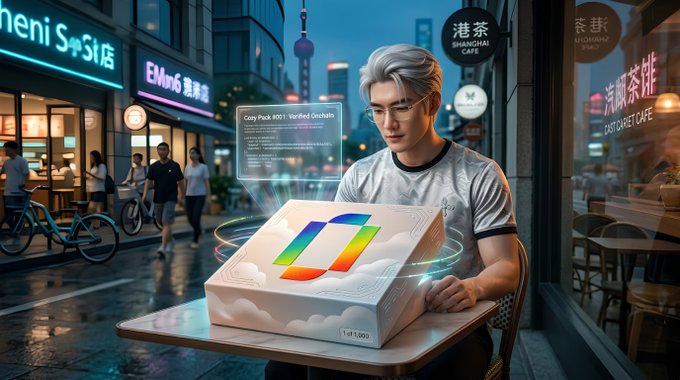 A young man sits at a café table in a vibrant Shanghai street setting, gazing at a glowing, holographic "Cozy Pack" box labeled "1 of 1,000" with a holographic interface reading "Cozy Pack #001 - Verified Onchain." The futuristic scene visualizes the post's theme of a limited 1,000-unit Cozy Pack NFT drop by @renaissxyz, highlighting the convergence of physical collectibles with blockchain technology.