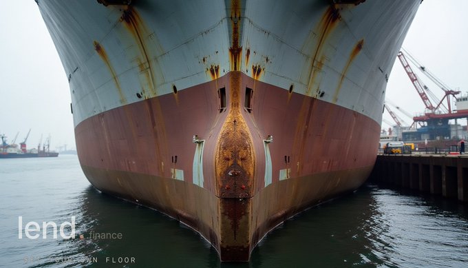 The bow of a large, rust-streaked cargo ship looms over dark harbor waters at a dock, its weathered red and white hull symbolizing unseen dangers beneath the surface. Text overlay reads "lend.finance" and "SET THE OWN FLOOR," reinforcing the post's message about protecting your money from deceptively attractive but risky rates.