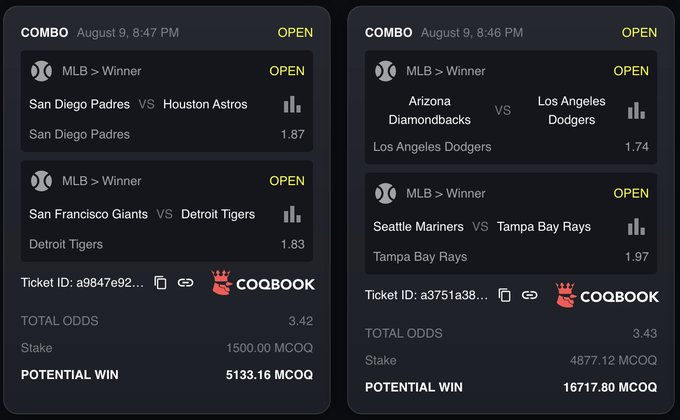 Two screenshots of MLB betting combos on a platform called COQBOOK, showing matchups including San Diego Padres vs Houston Astros, San Francisco Giants vs Detroit Tigers, Arizona Diamondbacks vs Los Angeles Dodgers, and Seattle Mariners vs Tampa Bay Rays, with various odds and MCOQ stakes.