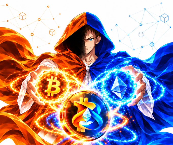 An anime-style illustration of a hooded character in red and blue robes holding glowing orbs featuring the Bitcoin (₿), Ethereum (Ξ), and a combined BTC/ETH logos with blockchain network graphics in the background.