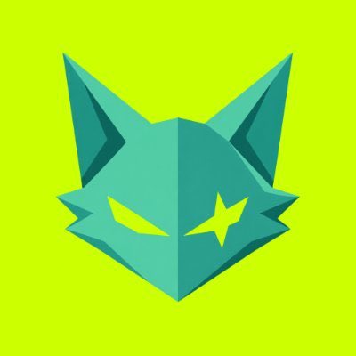 A stylized geometric teal fox or wolf head logo with yellow eyes, one shaped like a star, set against a bright yellow-green background.
