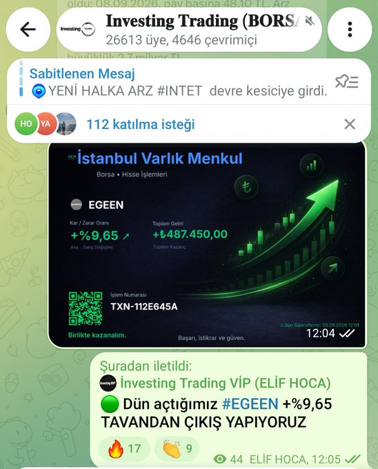 A Turkish-language Telegram screenshot from 'Investing Trading (BORSA)' with 266,313 subscribers, showing a post about a stock called EGEEN with +%9,65 gain, featuring a green upward arrow graphic and QR code for İstanbul Varlık Menkul.