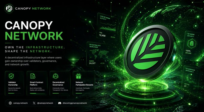 The image features an advertisement for a company called CNPY Network that focuses on decentralization and user involvement in building infrastructure. The background of the image is dark green, with a large green circle containing a white "C" at its center. This central element serves as the logo for the company's approach to network management. The text in the image emphasizes the importance of user-driven decision making and ownership within the network, rather than relying on centralized authority or control.