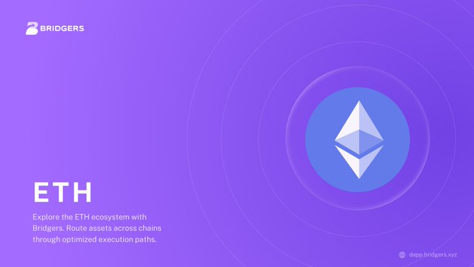 A digital graphic with a purple background displays the Bridgers logo and the text 'ETH - Explore the ETH ecosystem with Bridgers. Route assets across chains through optimized execution paths.' along with a website dapp.bridgers.xyz.