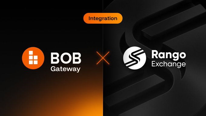 A graphic announcing an 'Integration' between 'BOB Gateway' and 'Rango Exchange,' with the latter's branding on a dark 3D background.