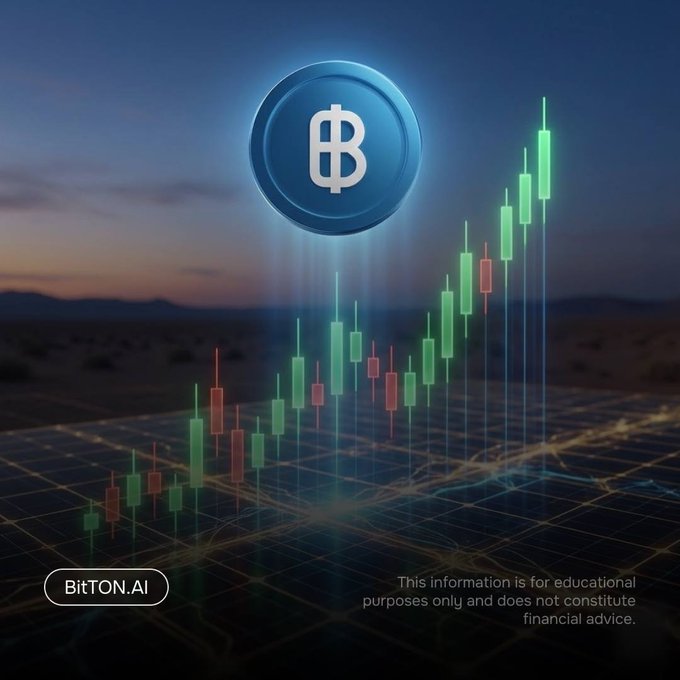 Digital artwork of a blue Bitcoin logo above a glowing green and red candlestick chart trending upward, branded "BitTON.AI" with a disclaimer that the information is for educational purposes only.