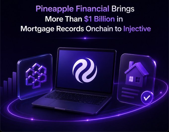 A promotional graphic announcing 'Pineapple Financial Brings More Than $1 Billion in Mortgage Records Onchain to Injective', featuring a laptop displaying the Injective logo flanked by 3D icons representing data and real estate.