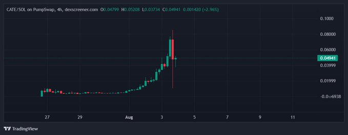 A TradingView candlestick chart shows 'CATE/SOL on PumpSwap, 4h, dexscreener.com' with the current price at 0.04941, showing a sharp price spike and +2.96% change.