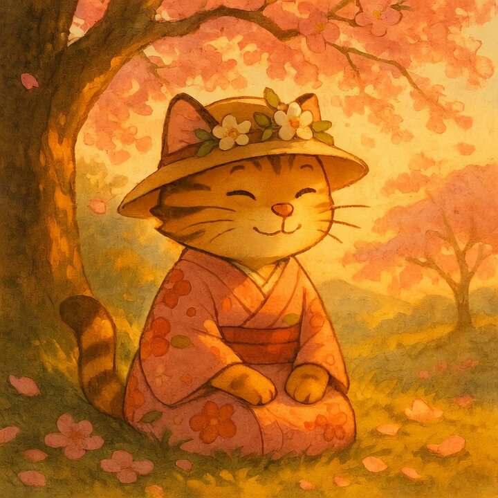 The image features a cat wearing a hat, sitting under a tree with pink flowers around it. The cat appears to be in a peaceful and relaxed state as it gazes at something or someone. The background of the image consists of trees and flowers, creating an overall serene atmosphere that complements the cat's calm demeanor.

The post includes text that reads "Effortless dawn serenity. $CWIF #CWIF". This suggests that the image is related to a post about the beauty or tranquility found in nature during sunrise. The cat sitting under the tree with pink flowers serves as an example of this peaceful scene, evoking feelings of calmness and harmony.